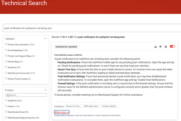 Screenshot of Technical Search showing a generated AI response